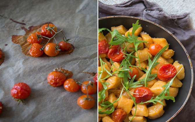 Gluten-Free, Vegan Sweet Potato Gnocchi With Roasted Cherry Tomato and Arugula